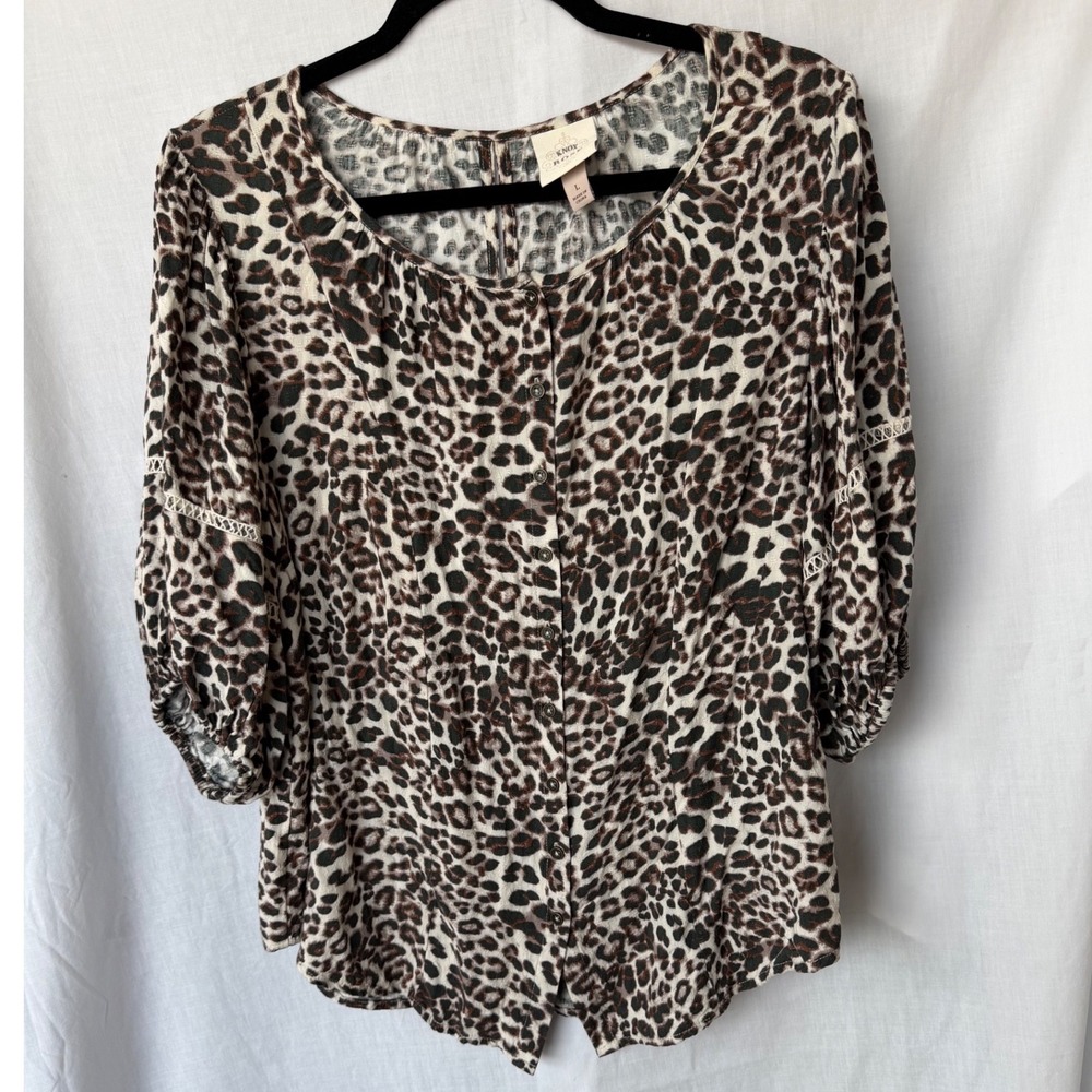 Knox Rose Cottagecore Boho Feminine Leopard Animal Print Puff Sleeve Large